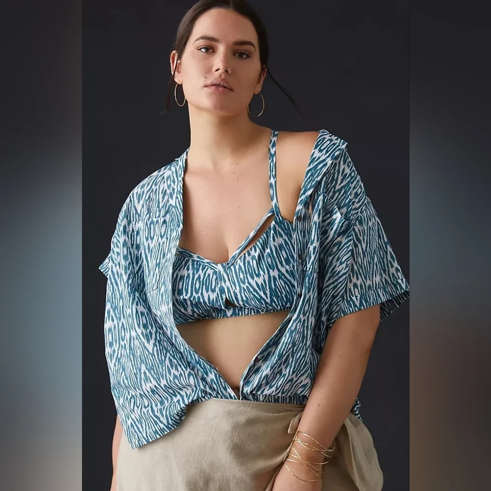 Anthropologie Pilcro Surf Bra Top In Ikat Blue And White Print Size M - Picture 2 of 12